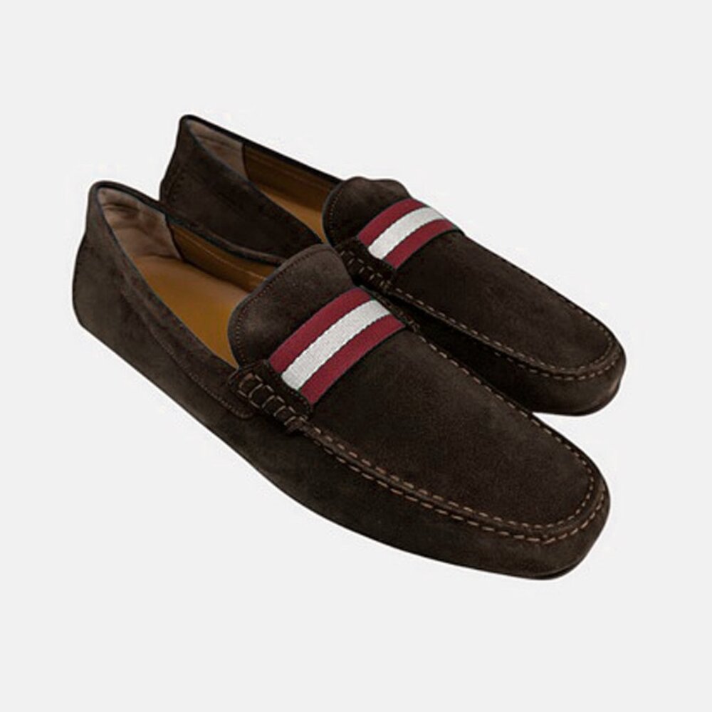 NEW $620 Bally Waltec Driver (Loafers)! Brown Suede With Signature Stripes ITALY